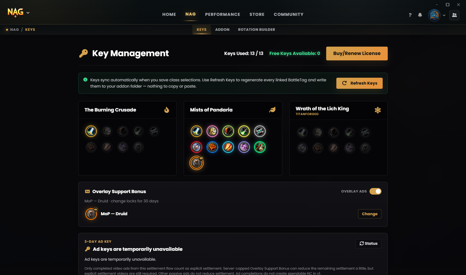 NAG Helper key management screen